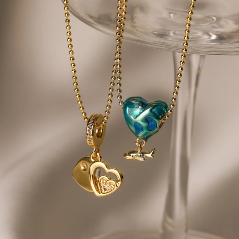 Herz Flugzeug Anhänger Halskette Kupfer Vergoldet Emaille Zirkonia Schmuck Für Damen Perlenkette Mode Accessoire