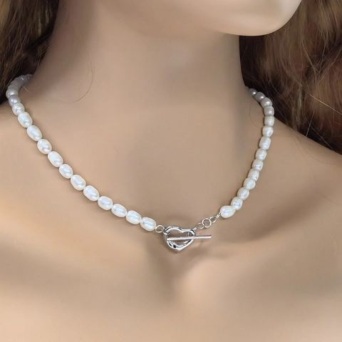 Collana in Argento Sterling 925 con Perle d'Acqua Dolce da Donna Elegante Choker con Chiusura a Cuore Set Bracciale