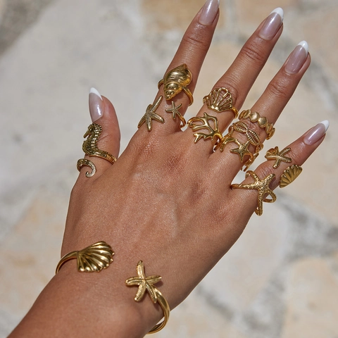 Ocean Theme Stainless Steel Rings For Women Adjustable Open Starfish Shell Seahorse Coral Shape Waterproof Jewelry