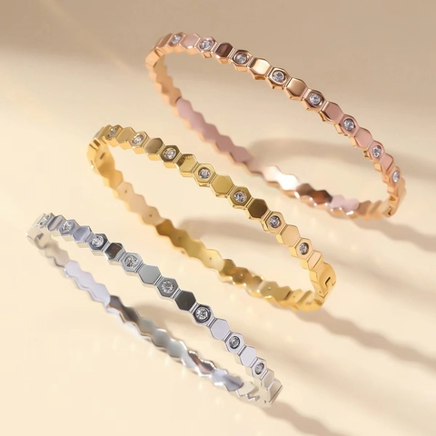 Bracelet Hexagone Nid d'Abeille en Acier Inoxydable Avec Strass Minimaliste Empilable Géométrique Bangle Bijoux Femme Cadeau
