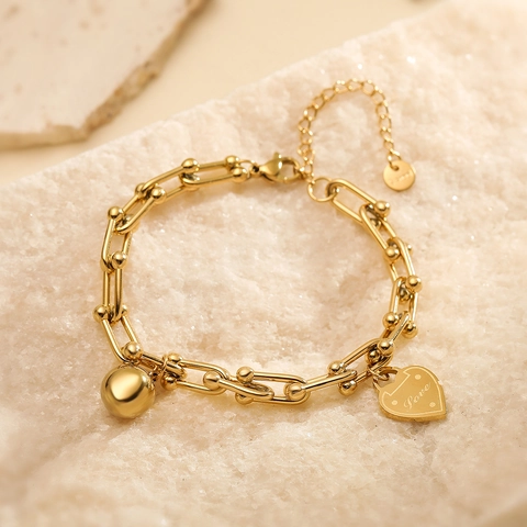 Bracciale a Catena Minimalista in Acciaio Inossidabile per Donna Ciondolo a Cuore Sfera Placcato Oro Gioielli con Incisione Love