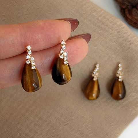 Water Drop Tiger Eye Stone Earrings With Zircon In Gold Plated Copper And Silver Earring Post Fashion Jewelry For Women