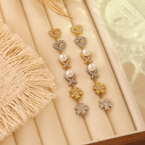 Minimalistische 304 Edelstahl Herz Bogen Blume Ohrstecker Mit Zirkon Und Kunstperle Vergoldet Eleganter Schmuck
