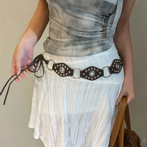Cinturón De Cadena De Cintura De Cuero Vintage Con Anillos De Metal Y Remaches Bohemio Y2K Hueco Para Mujeres