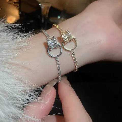 Elegante Verstelbare Zirkonia Armband Geometrische Ringen Vierkante Halo Luxe Sieraden Voor Dames Verguld Messing