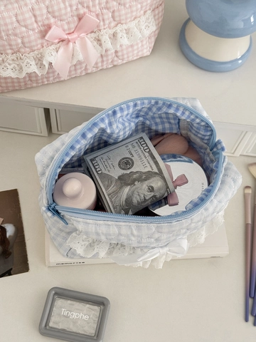 Trousse De Maquillage En Coton Matelassé À Carreaux Motif Coeur Avec Dentelle Et Nœud Organisateur Cosmétique Style Coréen