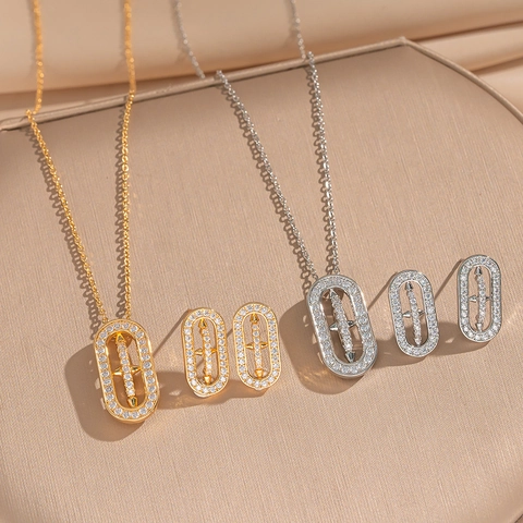 Joyas De Cobre Para Mujer Con Collar De Colgante Ovale De Circonita Y Pendientes Estilo Elegante Chapado En Oro 18K