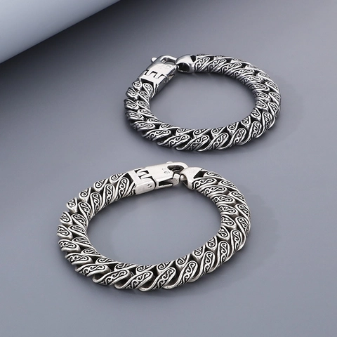 Bracciale A Catena Da Uomo Retro Acciaio Inossidabile 316L Argento Antico Motivo Erba Tang Intagliato Stile Punk Etnico