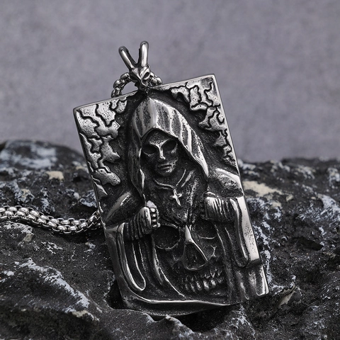 Gothic Grim Reaper Pendant Necklace 316L Stainless Steel Skull Cross Embossed Tag Retro Punk Rock Jewelry For Men Women