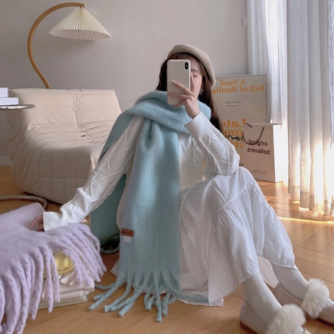 Bufanda De Poliéster Cálida De Invierno Para Mujer Bufanda Larga Color Macaron Con Borlas Suave Elegante Moda Para Estudiantes