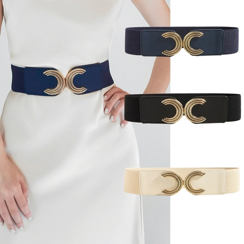 Women Wide Corset Belt Elastic Waist Band Vintage Metal Interlocking Buckle PU Leather Fashion Decorative Cincher