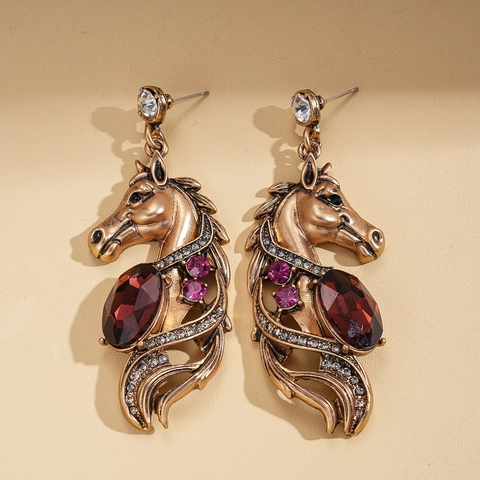 Retro Paardenhoofd Hangende Oorbellen Met Zilveren Oorsteker Legering Rheinstee Edelsteen Luxe Sieraden Vrouwen