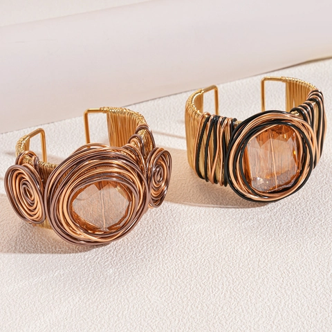 Bohemian Hand Woven Iron Wire Cuff Bangle Exaggerated Twisted Large Geometric Glass Stone Retro Bracelet For Women