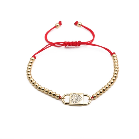 Handmade Red String Bracelet With Gold Copper Beads And Heart Lock Micro Pave Zircon Adjustable Romantic Jewelry