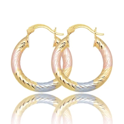 Damen Mode Dreifarbige Creolen Messing Vergoldet Gedreht Texturiert Verschluss Schmuck
