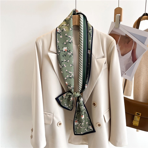 Narrow Long Scarf Women Polyester Satin Double Sided Floral Print Neck Tie Handbag Streamer Vintage French Style Elegant