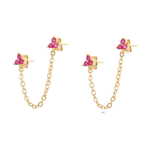 Boucles D'Oreilles À Double Piercing Avec Chaîne De Connexion Fleur En Zircon Cuivre Plaqué Or Véritable Vintage Pour Femme