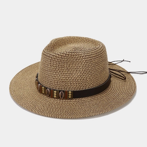 Women Straw Sun Hat Wide Brim Boater Panama Beach Cap With Shell Leather Band Vintage Breathable Adjustable