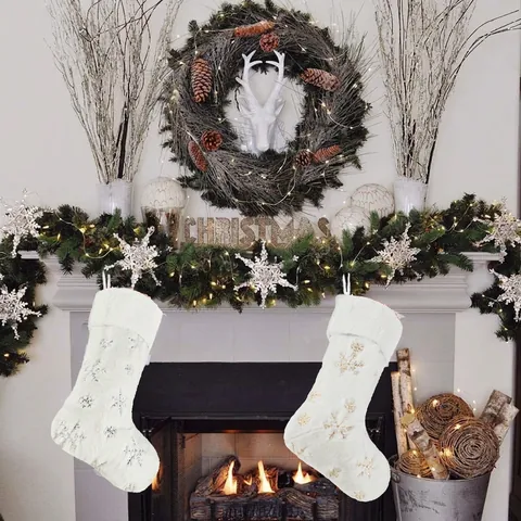 Christmas Stocking Faux Fur Plush Snowflake Embroidery Hanging Socks For Holiday Fireplace Party Decor White Gold Silver
