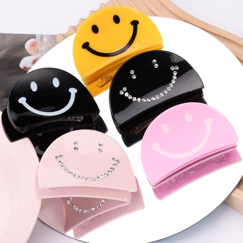 Smile Face Haarklaue Clip Acryl Strass Pferdeschwanz Halter Halbkreis Hai Clips Für Frauen Mädchen Süßer Haarschmuck