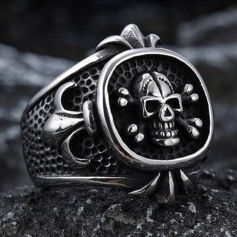 Vintage Skull Ring For Men 316L Stainless Steel Gothic Punk Fleur-De-Lis Biker Crossbones Distressed Jewelry