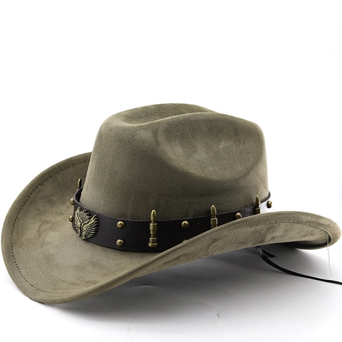 Cappello Da Cowboy Western Finta Pelle Scamosciata Tesa Larga Con Fascia Cuoio Distintivo Aquila E Borchie Retro