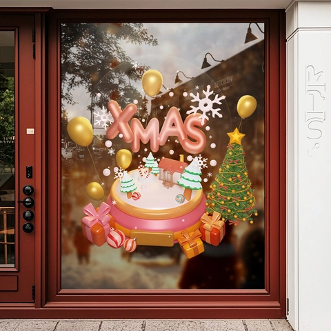 Christmas Window Stickers 3D XMAS Static Cling PVC Reusable Holiday Glass Door Decor Double Sided Visible