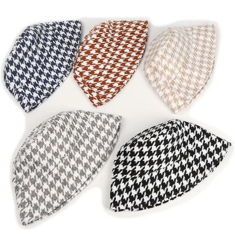 Houndstooth Bucket Hat Cotton Thick Warm Windproof Winter Fashion Fisherman Cap For Women Men