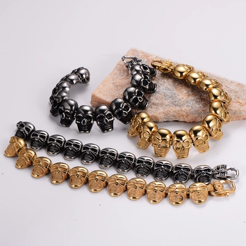 Bracciale Teschio Da Uomo Acciaio Inossidabile 316L Punk Gothic Rock Biker Catena Pesante Gioielli Regalo Oro Acciaio