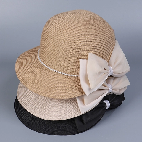 Women Straw Sun Hat Elegant Cloche Hat With Artificial Pearl Chain Large Satin Bow Foldable Breathable Summer Beach Sun Protection
