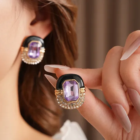 Vintage Square Stud Earrings Alloy Purple Rhinestone Enamel With 925 Sterling Silver Earring Post For Women