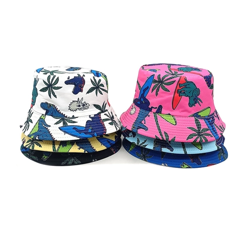 Kids Bucket Hat Cartoon Dinosaur Printed Sun Protection Summer Outdoor Beach Travel Hat For Boys Girls Polyester