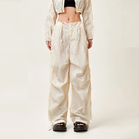 Pantaloni Paracadute Donna Vita Alta Gamba Larga Cargo Nylon Leggero Coulisse Streetwear Bianco Neve