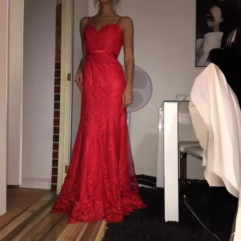 Mermaid Evening Dress Floral Lace V-Neck Spaghetti Straps Fishtail Gown For Women Formal Party Banquet Prom Elegant