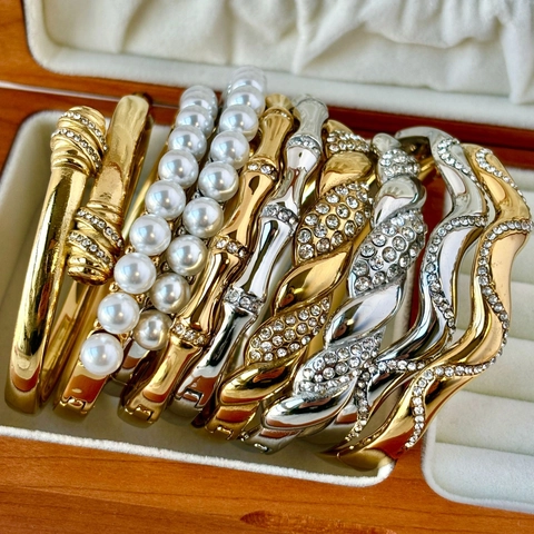 Elegant Stainless Steel Bangle 18K Gold Plated Cubic Zirconia Artificial Pearl Wave Bamboo Waterproof Fashion Jewelry Women