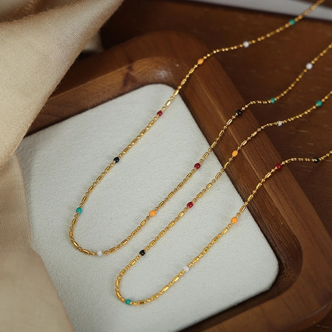 Minimalist Titanium Steel Gold Plated Necklace For Women Multi Color Drip Glaze Enamel Beads Chain Fashion Commuter Jewelry Gift