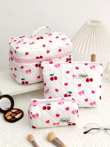 Quilted Cotton Cosmetic Toiletry Bags Large Capacity Cherry Bow Heart Print Makeup Organizer Handheld Case Travel Sweet