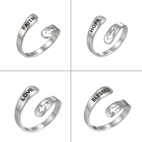 Anello In Acciaio Inossidabile Croce Faith Hope Love Blessed Inciso Regolabile Aperto Gioielli Religiosi Ispiratori Donne