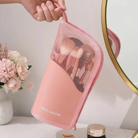 Makeup Brush Bag Mesh PU Leather Vertical Standing Large Capacity Travel Portable Fashion Cosmetic Organizer For Women
