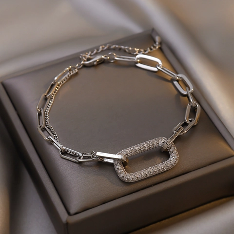 French Light Luxury Alloy Zircon Bracelet Geometric Square Rectangular Link Double Layer Adjustable Jewelry For Women
