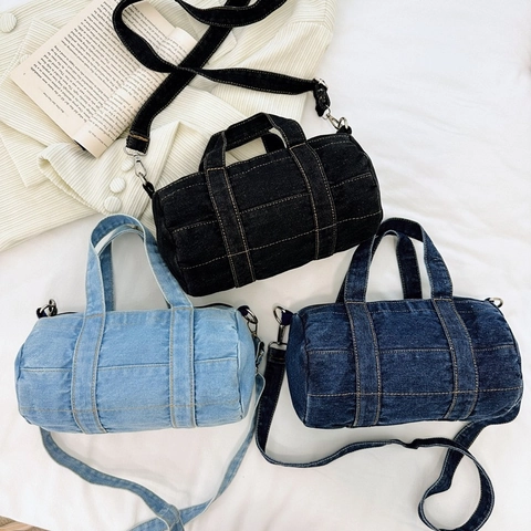 Kids Shoulder Bag Denim Canvas Crossbody Cylinder Boston Bag Adjustable Strap Solid Color For Boys Girls