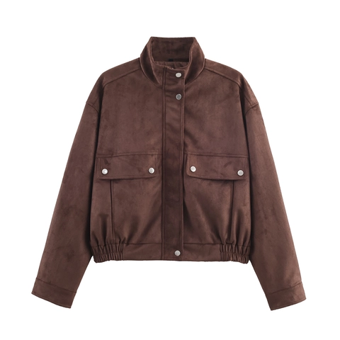 Women Faux Suede Cropped Jacket Stand Collar Metal Snaps Flap Pockets Oversized Casual Streetwear Solid Brown