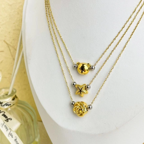Collar con Colgante de Osos Rosas Estrella de Mar de Acero de Titanio de Dos Tonos Chapado en Oro 18K Joyería para Mujer