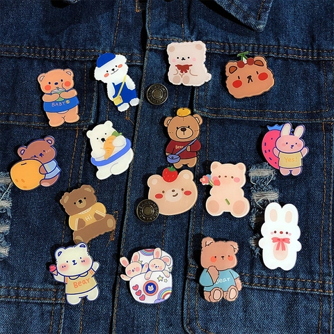 Cute Cartoon Animal Brooch Pin Acrylic Bear Rabbit Badges For Clothes Bag Decoration Ins Style Accessory For Kids Girls