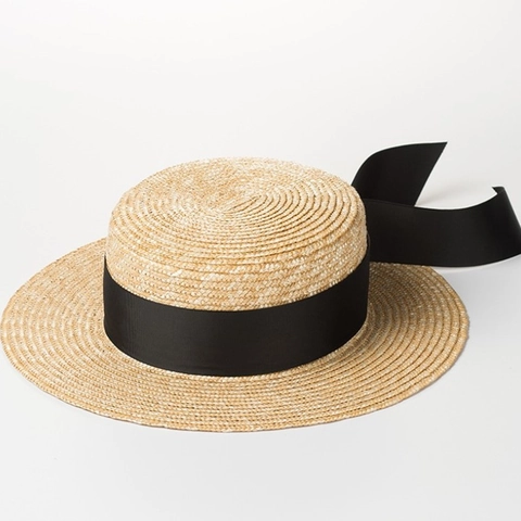 Women Flat Top Paper Straw Boater Hat With Wide Ribbon Bowknot Summer Beach UV Protection Breathable Woven Wide Brim Sun Hat