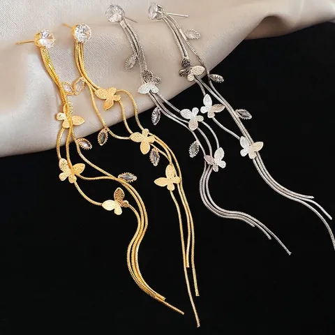 Vlinder Kwastje Hangende Oorbellen Koper Zirkoon Zilveren Oorbel Post Lange Elegante Bruiloft Sieraden Vrouwen