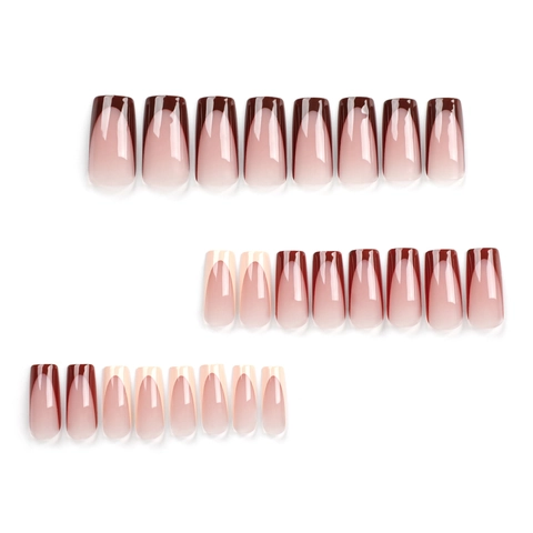 Unghie Finte French Tip Press On Nails Lungo Quadrato Coffin Marrone Nude Lucido Plastica Manicure Per Donne
