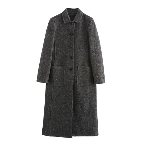Manteau Long En Laine Pour Femmes Style Britannique Revers Simple Boutonnage Couleur Unie Vêtement Extérieur Élégant