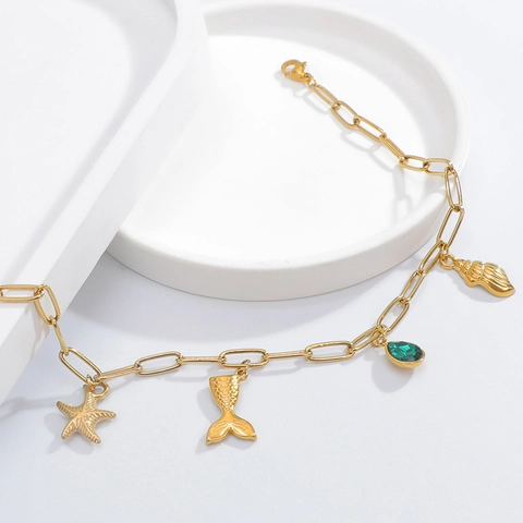 Meeres-Charm Armband aus Edelstahl für Damen Vergoldet Seestern Muschel Meerjungfrauenschwanz Strass Verstellbarer Schmuck