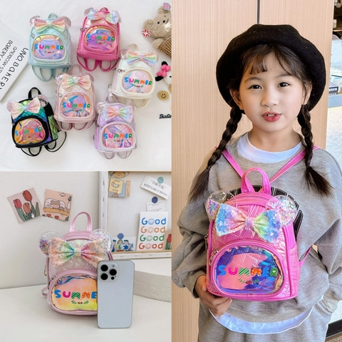 Kids Backpack Cute Sequin Bow Iridescent PU Leather Quilted Mini Schoolbag For Little Girls Kindergarten Princess Style